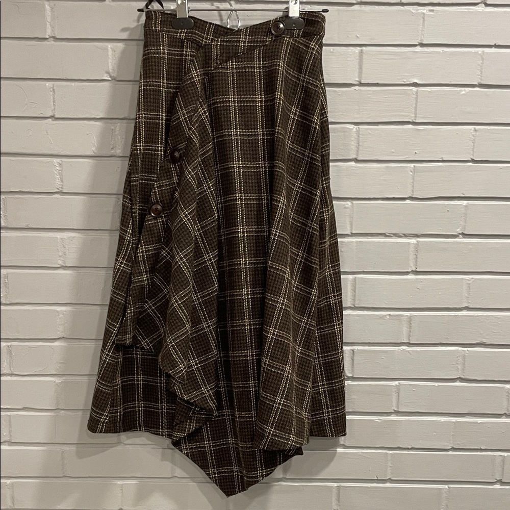 Udel New York Brown Plaid Assymetrical Faux Wrap Women's Skirt